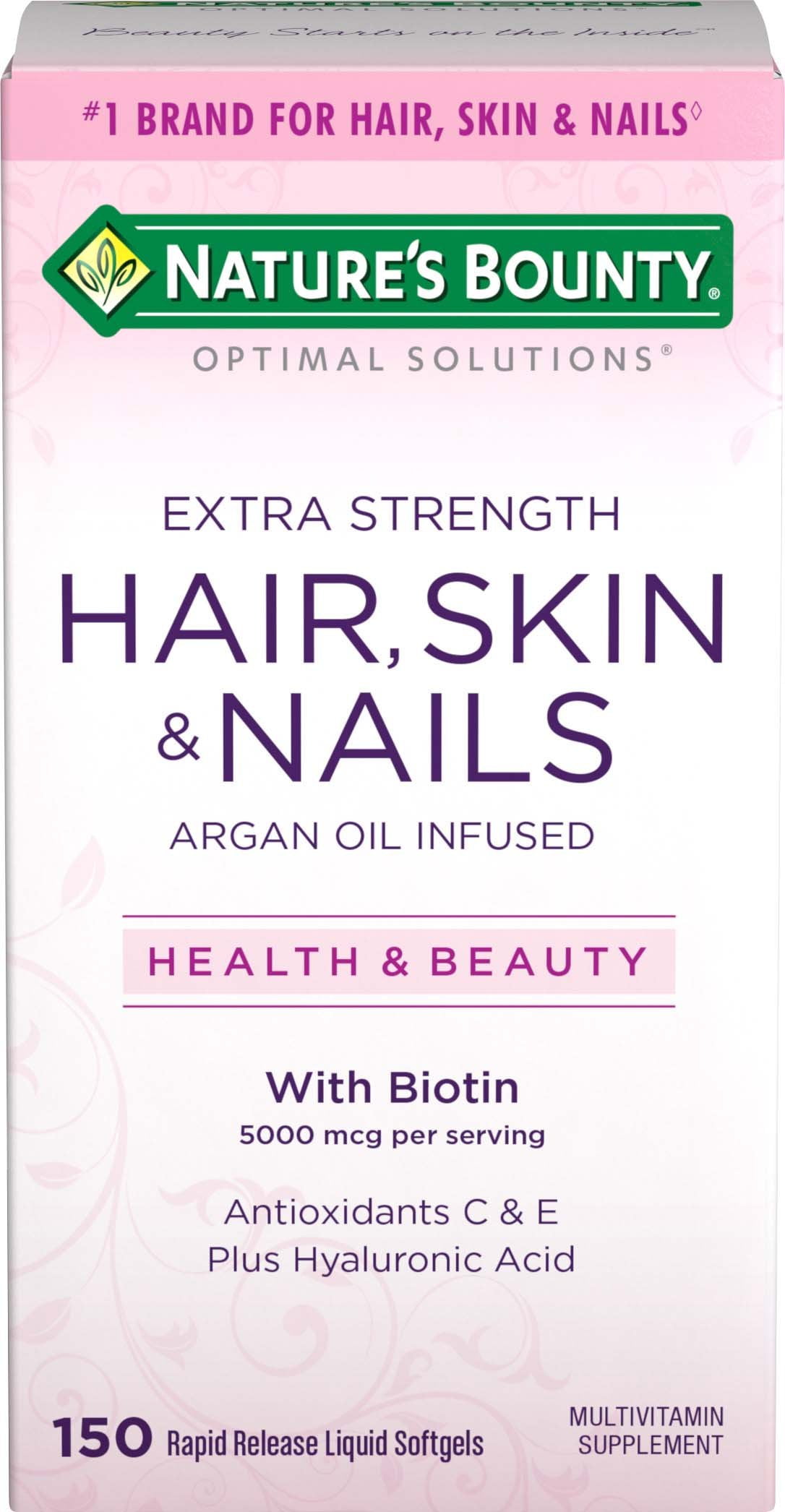 Nature's Bounty Optimal Solutions Hair Skin & Nails Extra Strength, 150 Softgels,  Multivitamin Supplement, with Antioxidants C & E