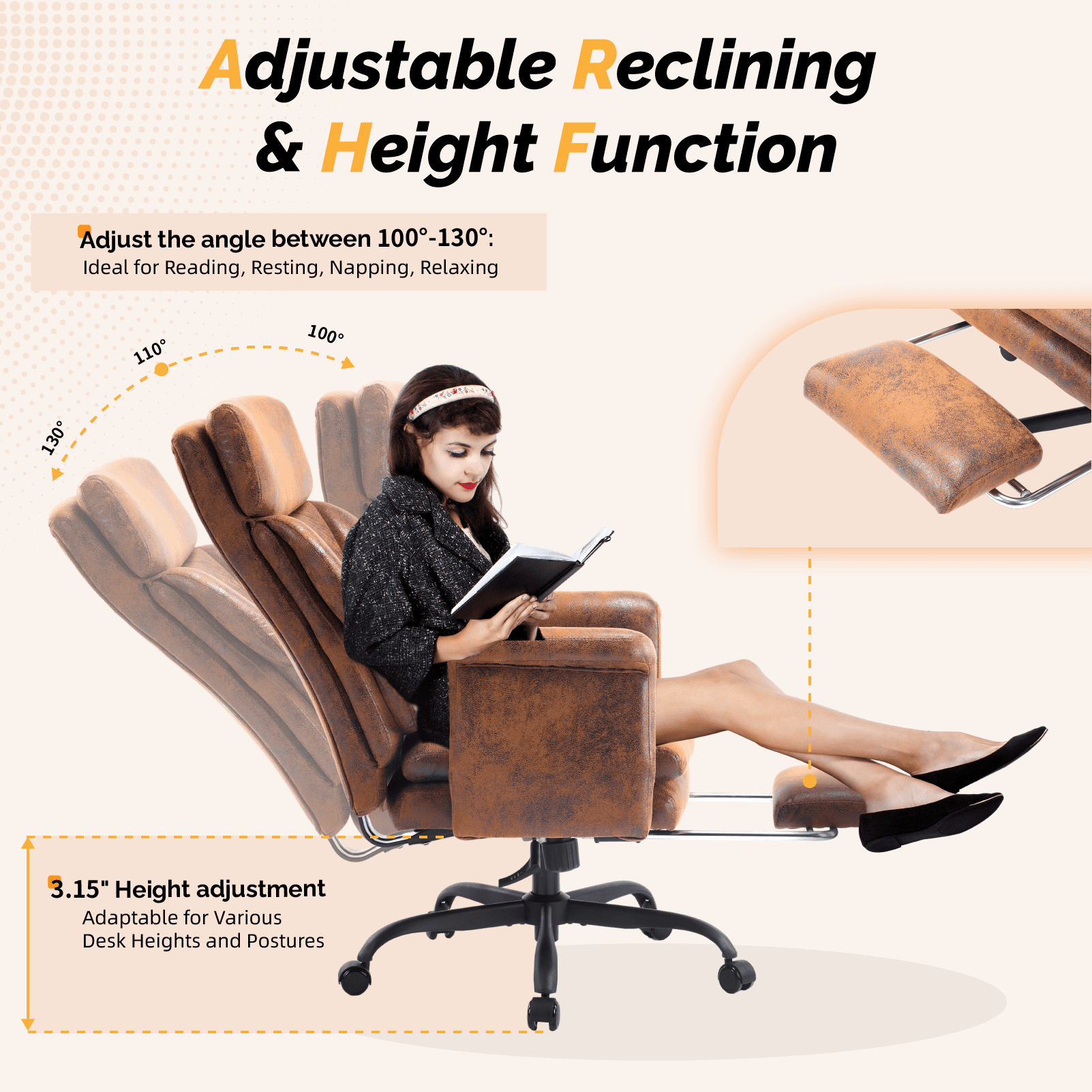 Ktaxon Gaming Chair with Footrest, High Back Bronzing Cloth Office Chair, Adjustable Reclining Desk Chair with Lumbar Support, Swivel Task Seating for Adults Brown