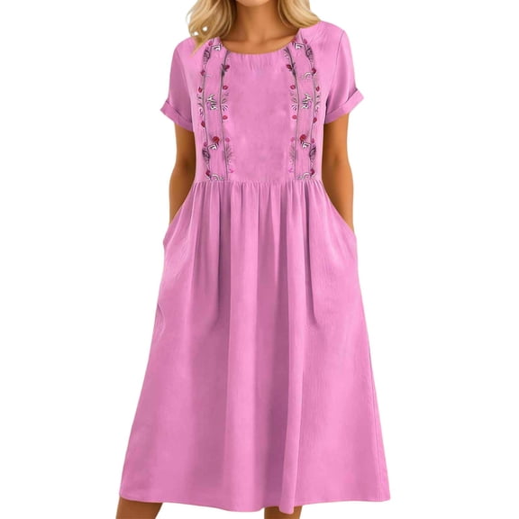 Puliio Summer Dresses for Women Short Sleeve Round Neck Embroidered Linen Midi Dress with Pockets