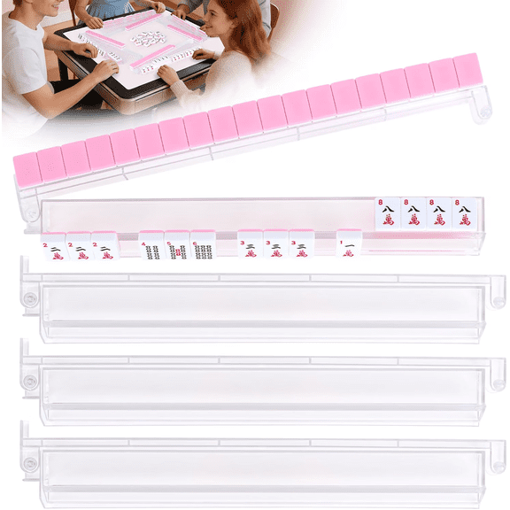Non-Slip Mahjong Racks with Pushers, 4-Pack Clear Acrylic Racks, Mahjong Accessories, Gift-Ready Mahjong Gifts (Clear)