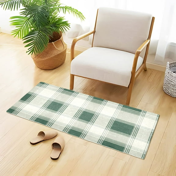 Tartan Fabric Green Plaids Plush Carpet Non Slip Runner Rug Absorbent Bath Mat 39" x 20"