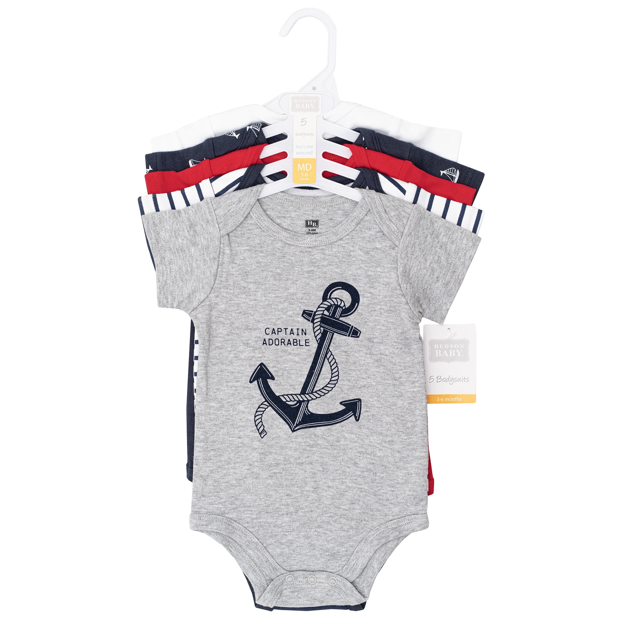 Hudson Baby Infant Boys Cotton Bodysuits 5-Pack, Nautical Anchor, 3-6 Months