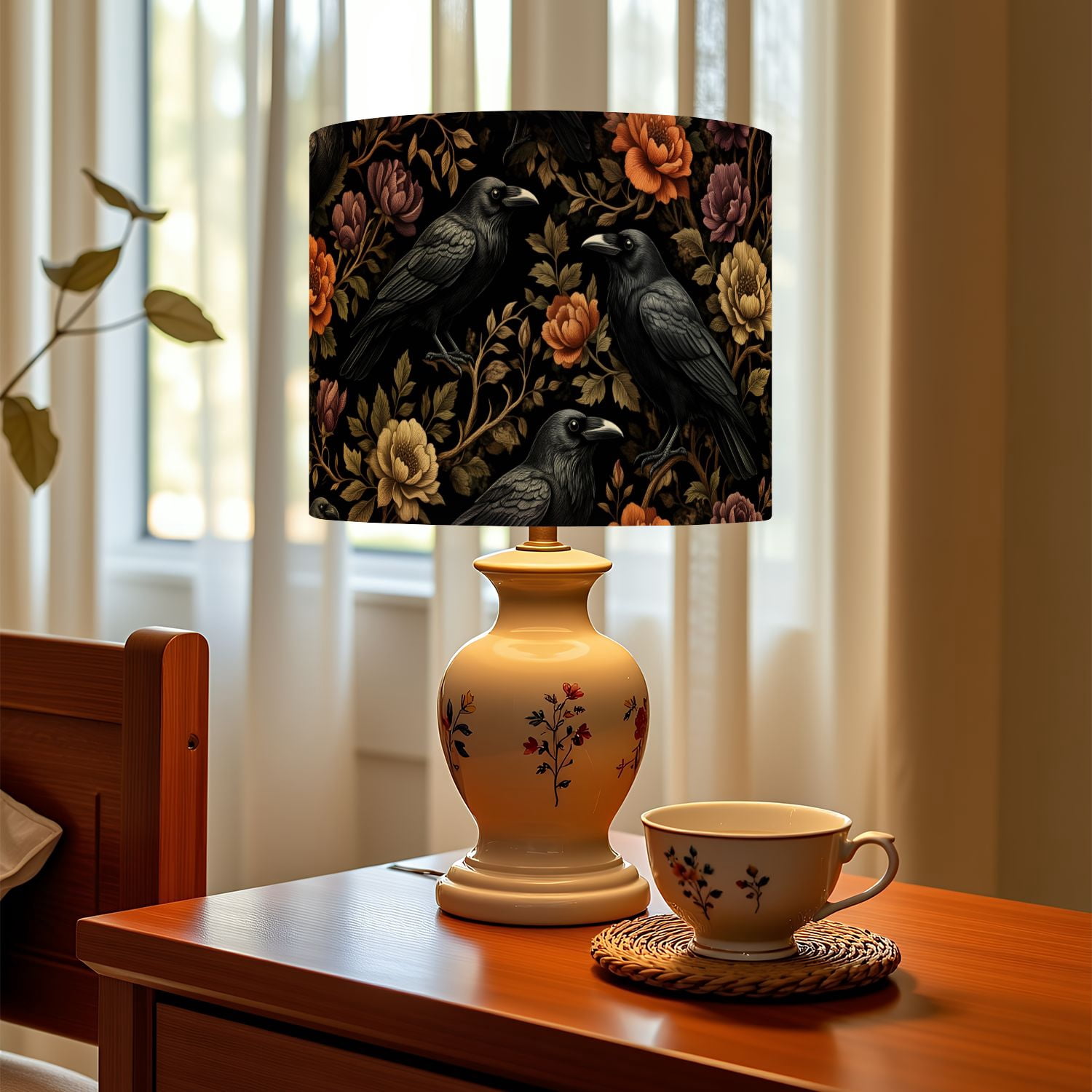 Gothic Linen Drum Lampshades Raven Birds Floral Blossom Vintage Botanical 13"x13"x10" Light Shade for Table Lamps Floor Lamp Shades Lampshade Replacement Assembly Required