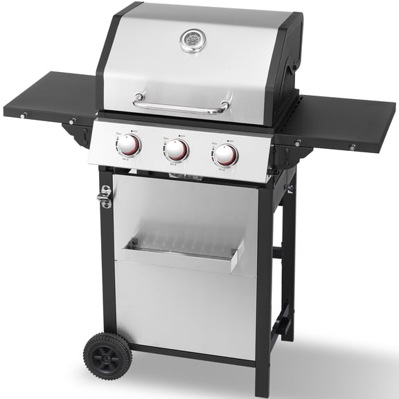 CIG GARDEN 3-Burner Propane Gas Grill with Folding Side Tables, Double-Wall Insulated Lid, and Full-Size Grease Tray