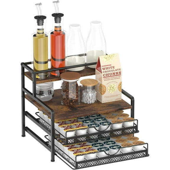 Coffee Bar Organizer, Coffee Pod Organizer,3 Tier Coffee Syrup Rack Organizer,72 K Cup Storage for Counter Storing K Cup,Coffee Syrups, Coffee Makers and Other Coffee Supplies-Rustic Brown