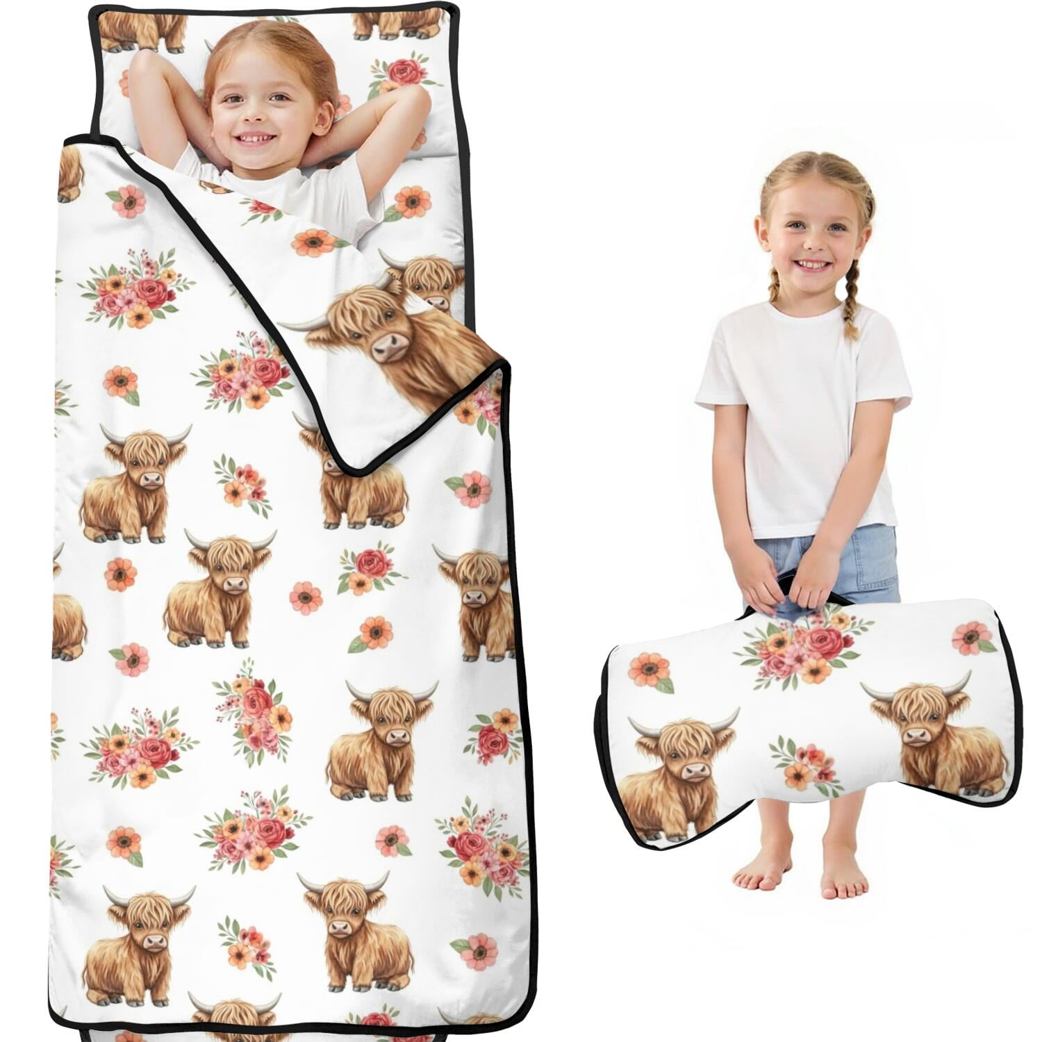 Highland Cow and Flower Print Kids Nap Mat Sleeping Mat with Removable Pillow with Handle & Fastening Straps Soft Skin Friendly Gifts for Birthday Holiday 60 x20