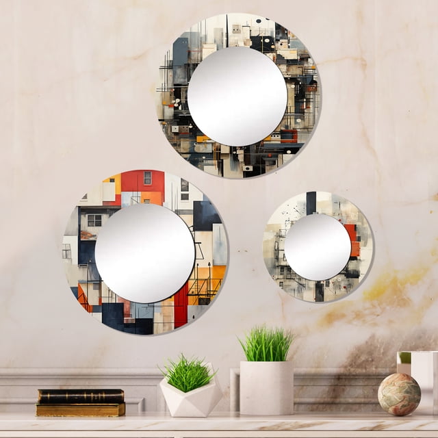 Designart "Abstract Harlem Renaissance Cityscape" Bâtiments de la Ville Miroir Rond Ensemble de 3 - Ensemble de Miroir Mural Industriel Multicolore pour Salon