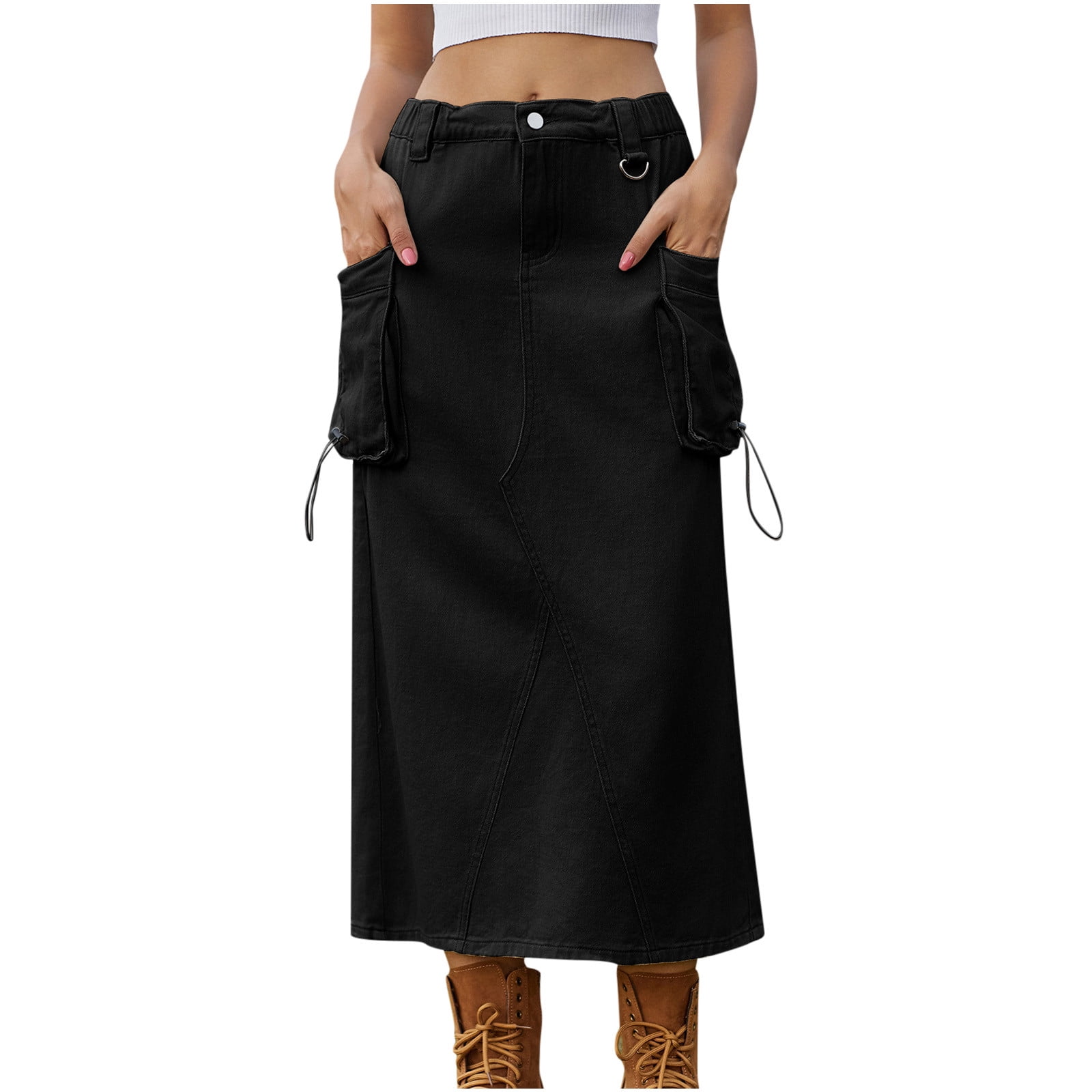 Cavosen Womens Skirts Knee Length Summer Midi Calf Length Cargo Skirts Denim Jean Skirts Plain Pencil Skirts Dress Button Side Pocket Athletic Beachwear Resortwear Black S