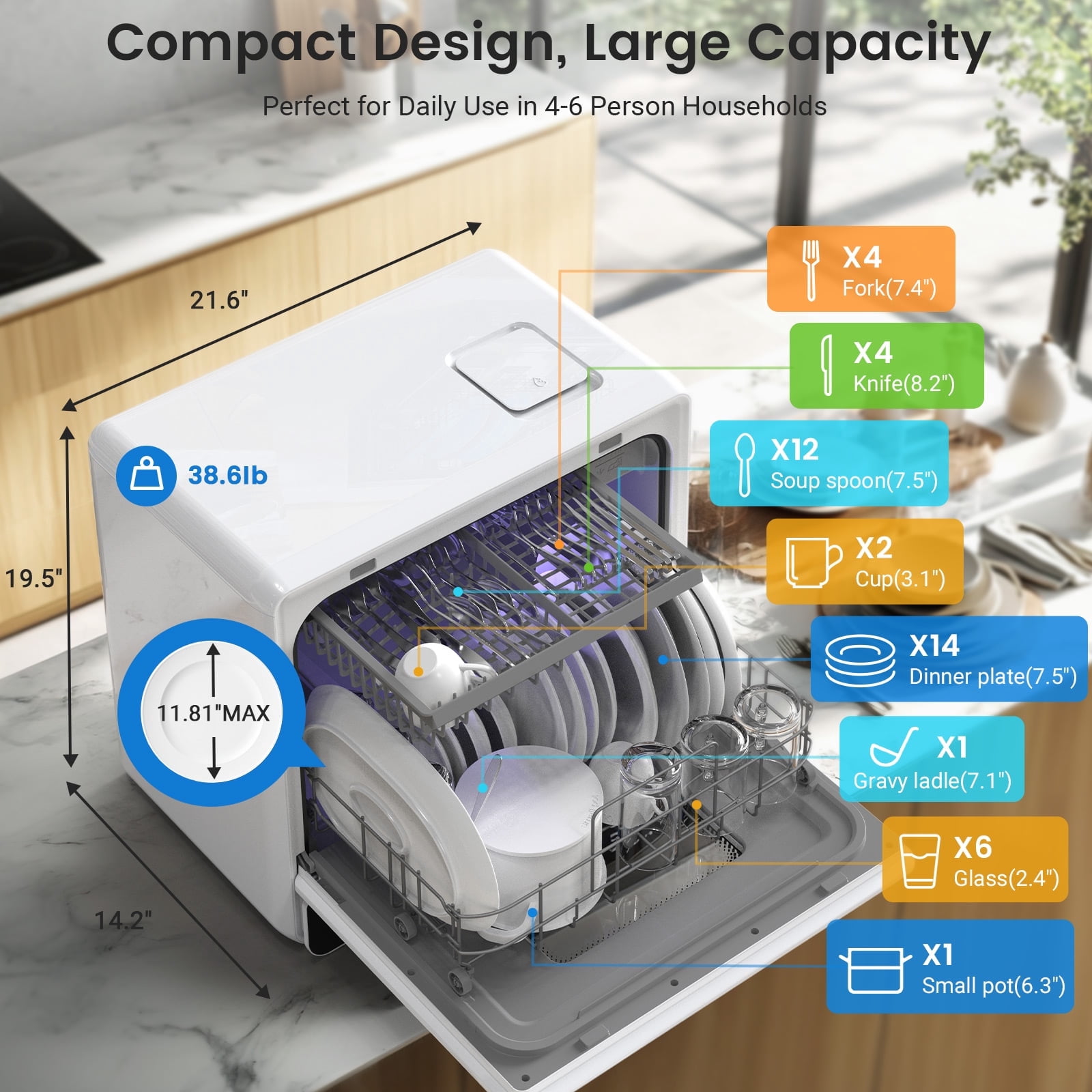 Upgraded Portable Countertop Dishwasher, 9 Programs,5.2L Built-in Water Tank ,3-Spray Arms & 24H Timing,No Installation Needed