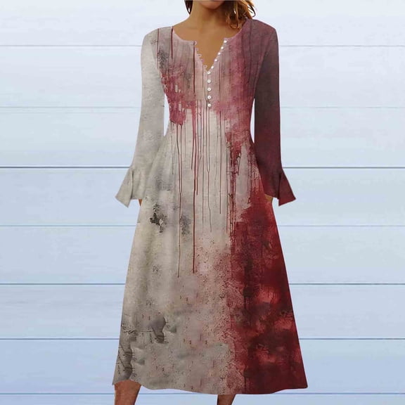 WFJCJPAF 2025 New Halloween Halloween Dresses for Women,Women's Fashion Printed Casual Long Sleeve V-Neck Dress - Wine XXL