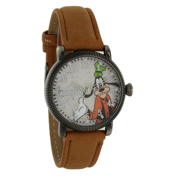 Disney Vintage Style Goofy Gun collor Case Light Brown Strap Silver Hands Quartz Watch GY5000