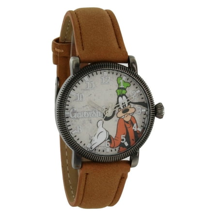 Disney Vintage Style Goofy Gun collor Case Light Brown Strap Silver Hands Quartz Watch GY5000