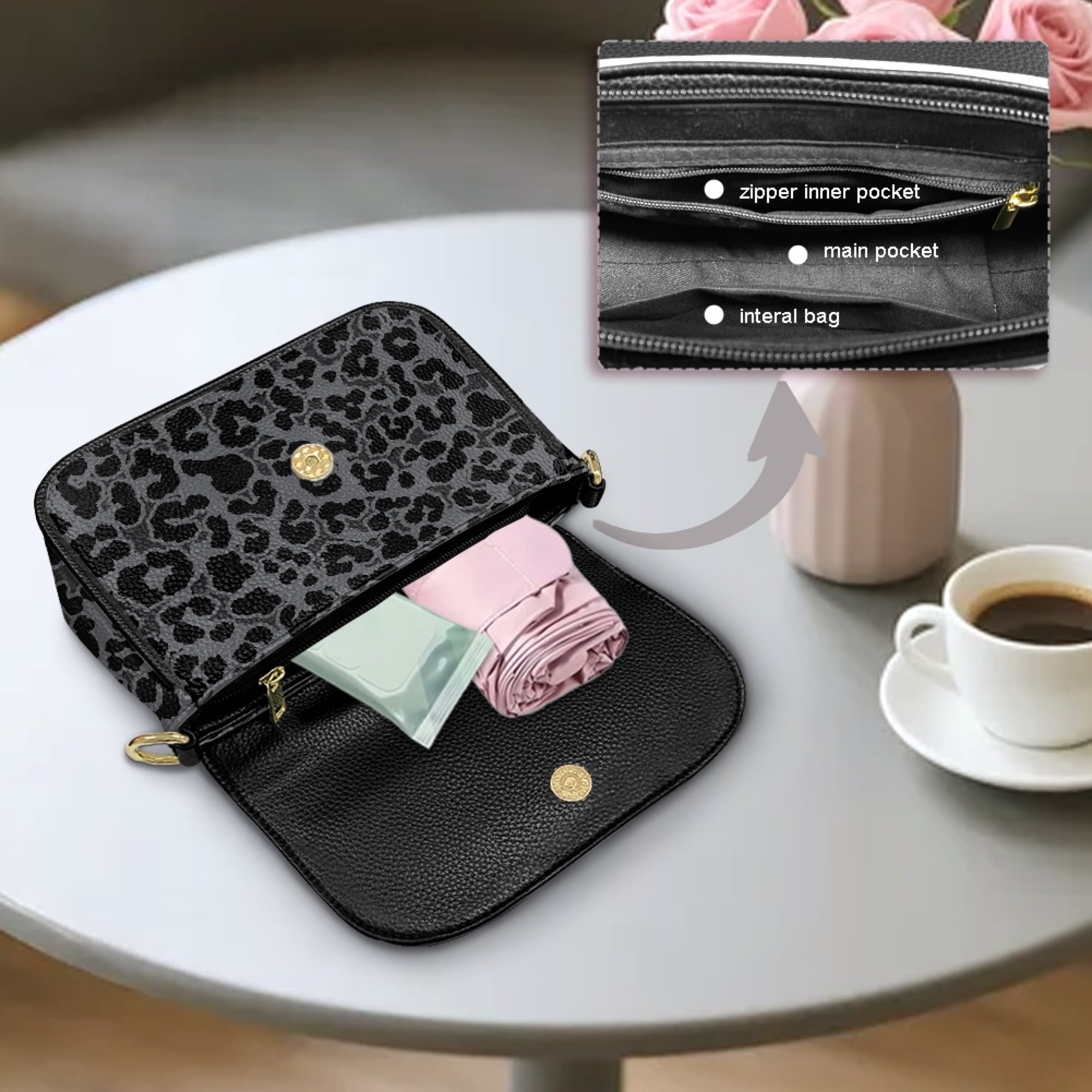 TSOVTHRID Black Leopard Print Women's Crossbody Bag, PU Leather Cross Body Purses, Cell Phone Leather Handbag, Trendy Crossover Shoulder Bag