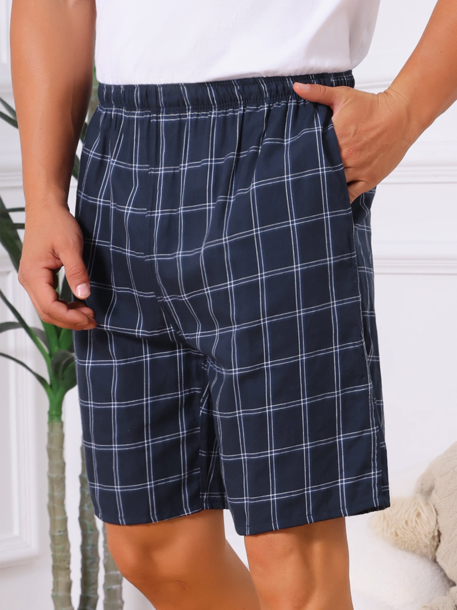 DARING DIVA Men's Elastic Waist Plaid Pajamas Sleep Shorts 30 Dark Blue
