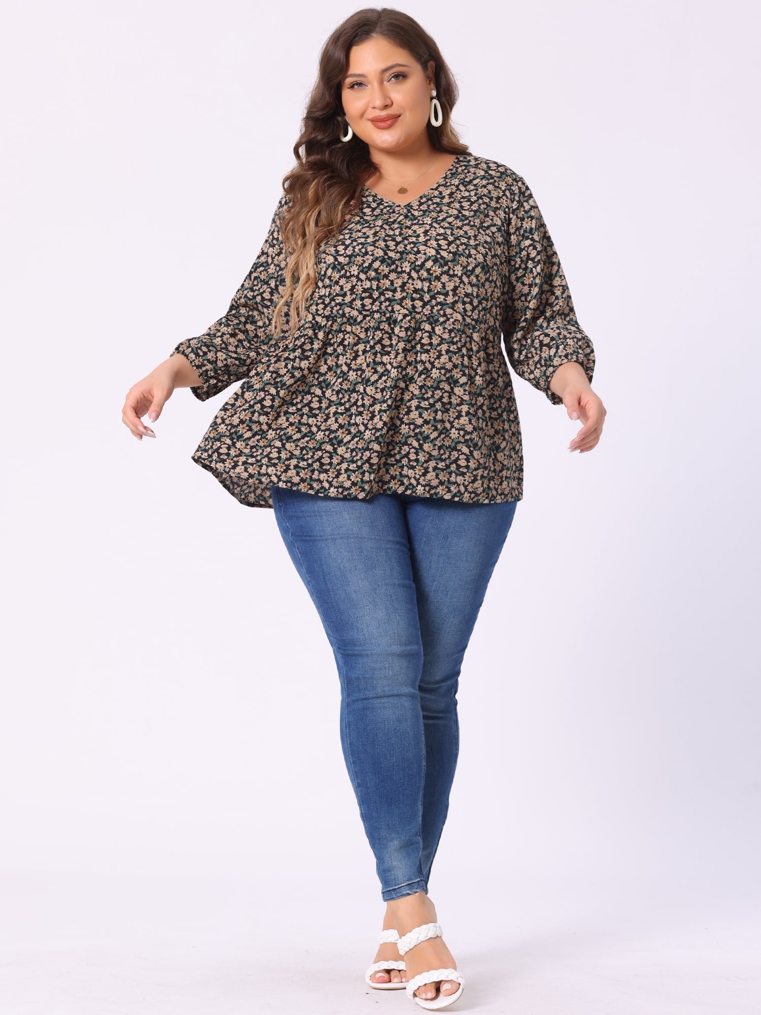 Unique Bargains Women's Plus Size V Neck Flowy 3/4 Sleeve Floral Blouse 3X Black Orange