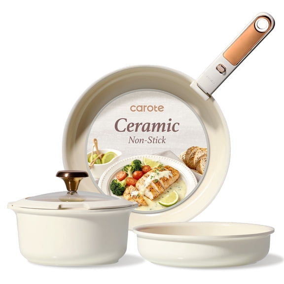 Carote 5 Pcs Ceramic Cookware Sets Nonstick, Pots and Pans Set with Detachable Handles, Oven Safe, Induction Cookware, Stackable Kitchen Cooking Set, Cream White