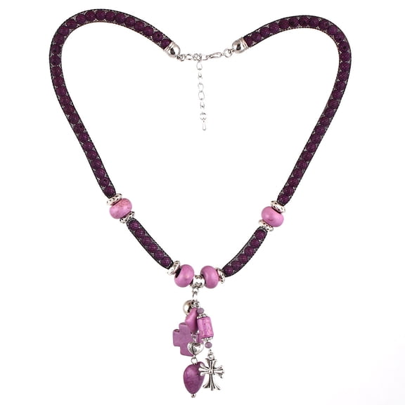 Lady Fashion Jewelry Stone Bead Heart Cross Pendant Mesh Cover Necklace Purple