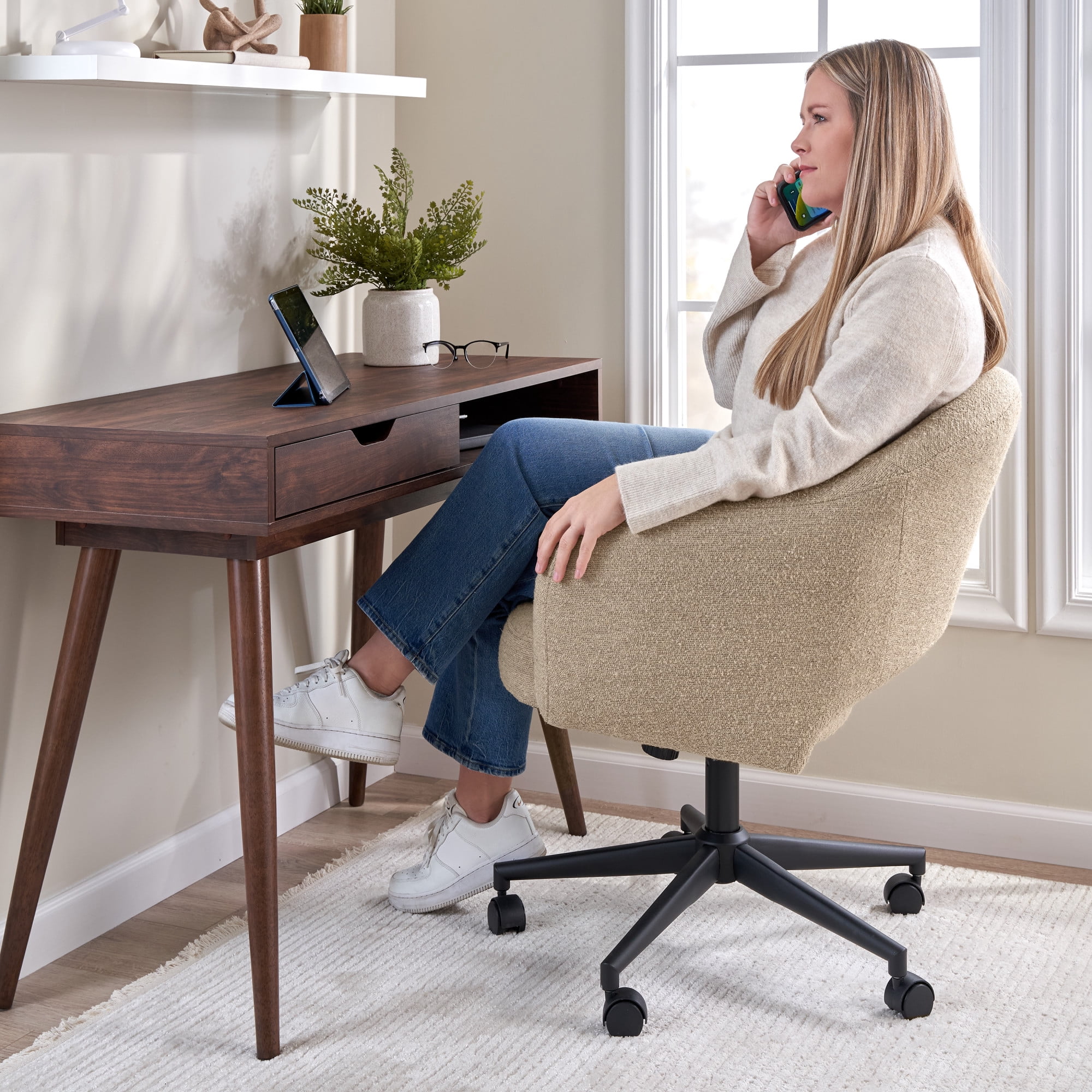 Bush Furniture Fairfax Mid Century Modern Desk Chair for Home Office in Cool Beige Fabric
