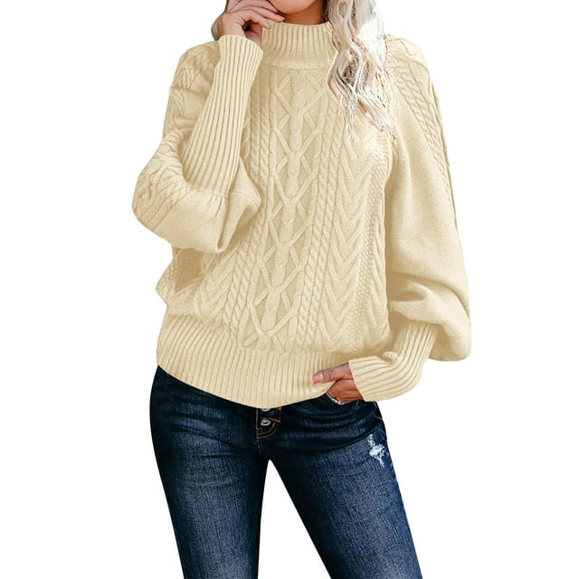 WEAIXIMIUNG Ladies Mid Neck Sweater Loose Long Sleeve Knit Solid Color Sweater Pullover Top