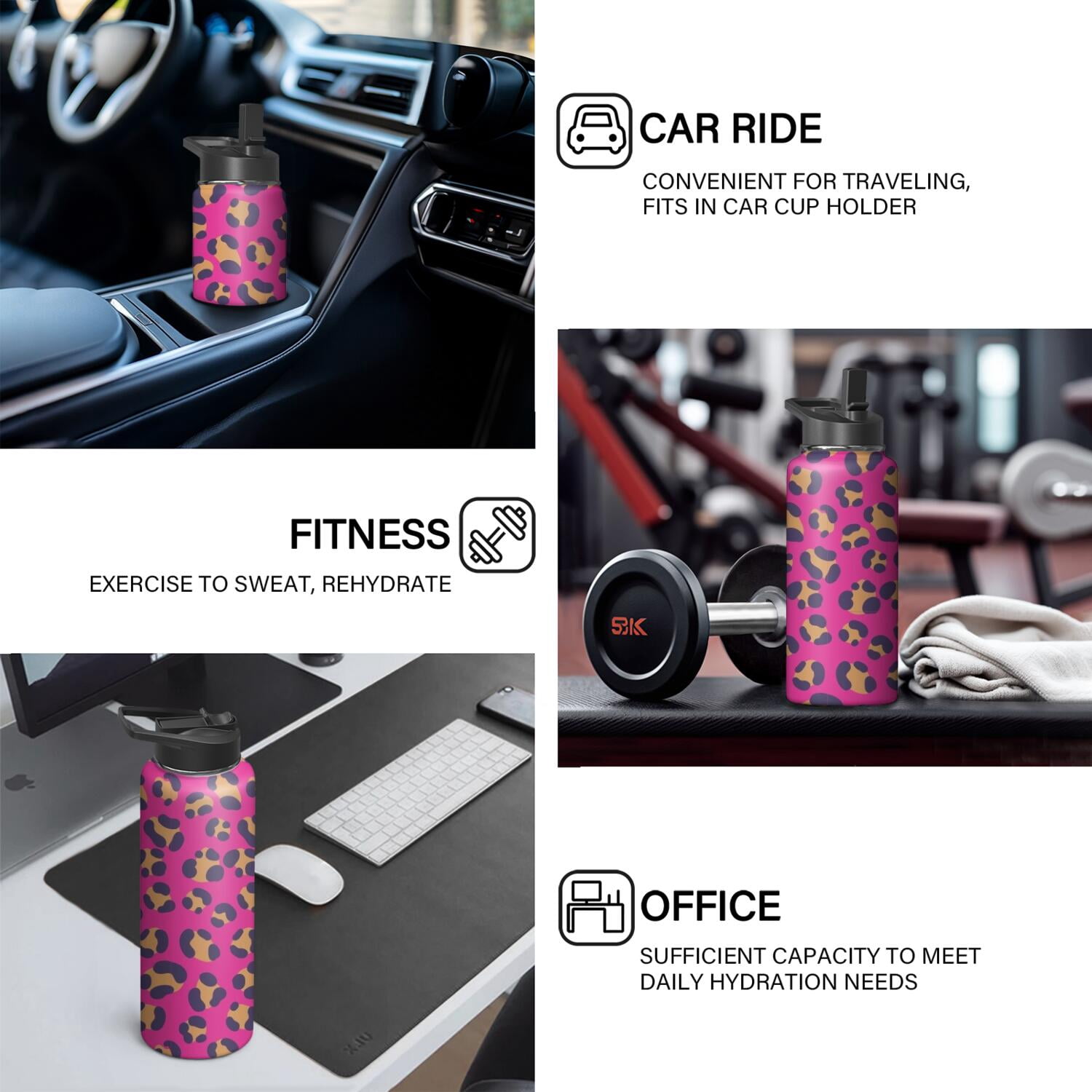 Leopard Print Insulated Stainless Steel Water Bottle with Straw & Cleaning Brush – 18 Oz | Leakproof, BPA-Free, 304 Stainless Steel, Wide Mouth, Travel Mug for Car, Gym, Office