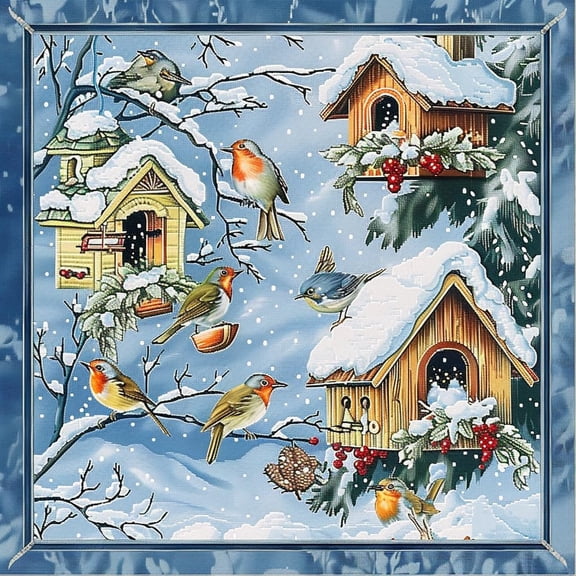 Winter Robin Bird Houses in Snow DIY 11CT Stamped Cross Stitch Kits for Beginners Easy Needlepoint Embroidery Counted Cross Stitch Art Craft for Wall Decoration 14x14inch(11)