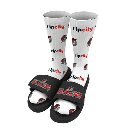 

Men s ISlide White Portland Trail Blazers Pattern Socks & Slide Sandals Bundle