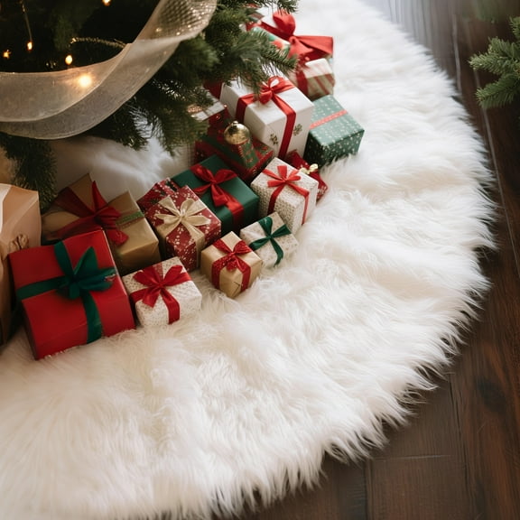 AGCAN 48 inch Christmas Tree Skirt, White Plush Faux Long Fur Skirt for Xmas, Holiday Christmas Party Decorations Tree Ornaments, Snow White