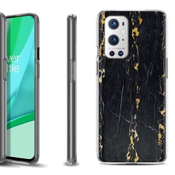 Slim-Fit Flexible TPU Gel Phone Case Compatible with OnePlus 9 PRO 5G, by OneToughShield - Marble / Gold/Black