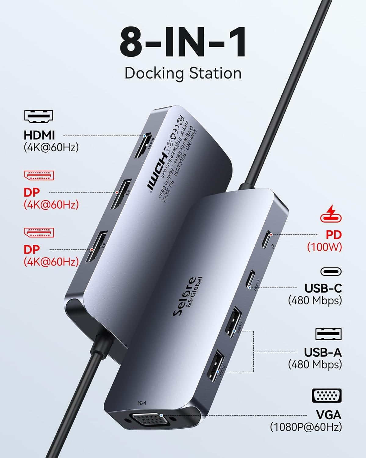 USB C Docking Station Dual Displayport Monitor, Laptop Docking Station USB C Hub Displayport with 2 DP, HDMI, VGA, PD Charging, USB A&C 2.0 Ports Multi Monitors Adapter for Dell/HP/Lenovo, etc