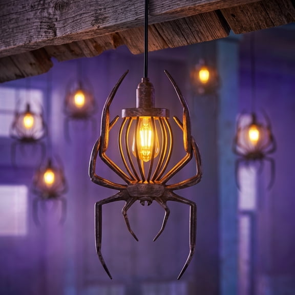 MInHoues Halloween Spider Hanging Lamp 12 Inch, Vintage Metal Halloween Spider Decor Light, Indoor Outdoor Halloween Party Porch Haunted House Hanging Ornament
