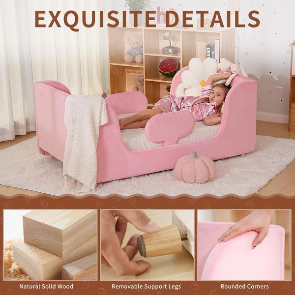 Mophoto Warm Pink Upholstered Toddler Bed with Padded Headboard Frame with Removable Guard Rails Kids Toddler Floor Standard Crib Size Bed for Girls and Boys(Mattress Not Included)