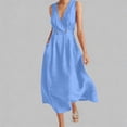 thumbnail image 1 of Robes d'Invitée de Mariage pour Femmes Élégantes en Lin Robe Maxi Sans Manches à Col en V à Double Boutonnage Fluide Décontractée Taille Haute Évasée Robe d'Été avec Poches Bleu TTG, 1 of 5