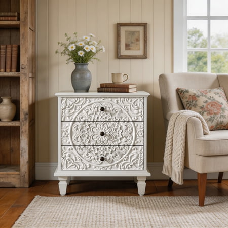 Carved Wood Nightstand with 3 Drawers Vintage Scrollwork Embossed Accent Chest Farmhouse Storage Side End Table for Bedroom Living Room Blue