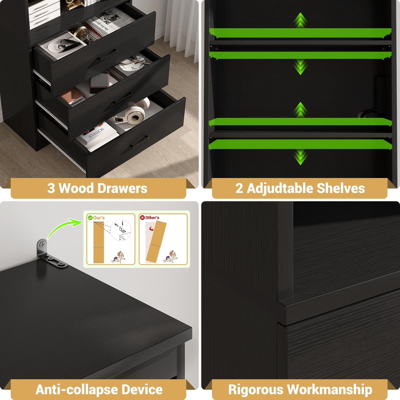 Homieasy 71" Tall Bookcases with 3 Large Drawers & 3 Shelves, Wooden Bookshelf for Living Room Office, with USB Ports & Outlets.Black