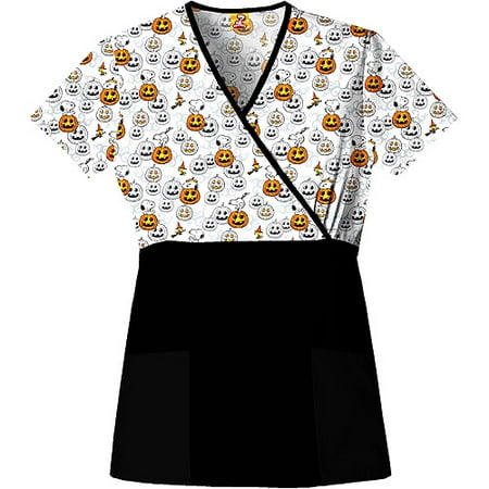 Women's Mock Wrap Snoopy Pumpkins Scrub Shirt
