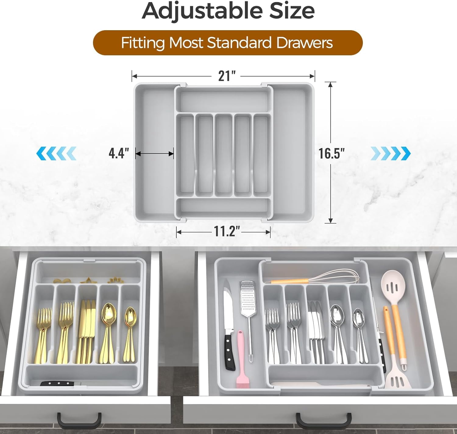 Extra Large Expandable , BPA-Free Food-Safe Cutlery Flatware Organizer, Kitchen Utensil Drawer Organizer, Adjustable Silverware Holder for Spoons Forks Knives, Gray