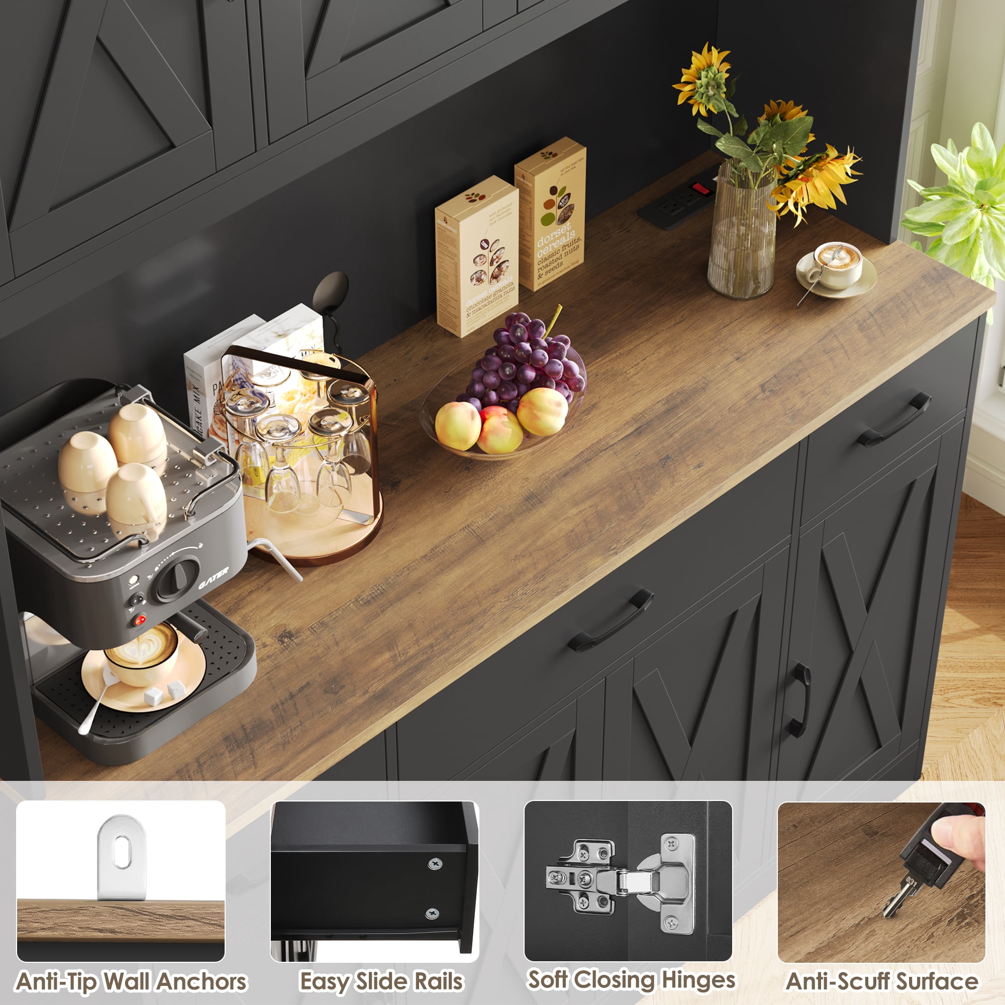 Homfa Kitchen Pantry with Hutch and Drawers, 71" Tall Storage Cabinet with 55" Wide Countertop and Built-In Power Outlet, Farmhouse Coffee Bar for Dining Room, Black & Rustic Brown