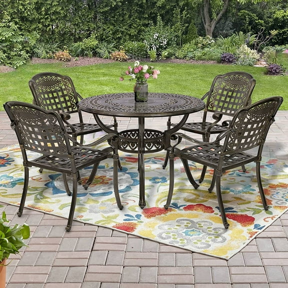 SOCIALCOMFY 5-Piece Outdoor Patio Dining Set, All-Weather Cast Aluminum Furniture Conversation Set, Include 4 Chairs and a 38.5 inch Round Table with Umbrella Hole for Balcony, Lawn, Garden, Backyard