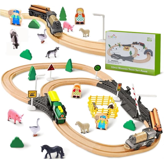 55PCS Wooden Train Track Set with Electric Locomotive, Farm Animals, Railway Crossing & Switch Tracks, Compatible Wooden Railway Toy for Kids Ages 3