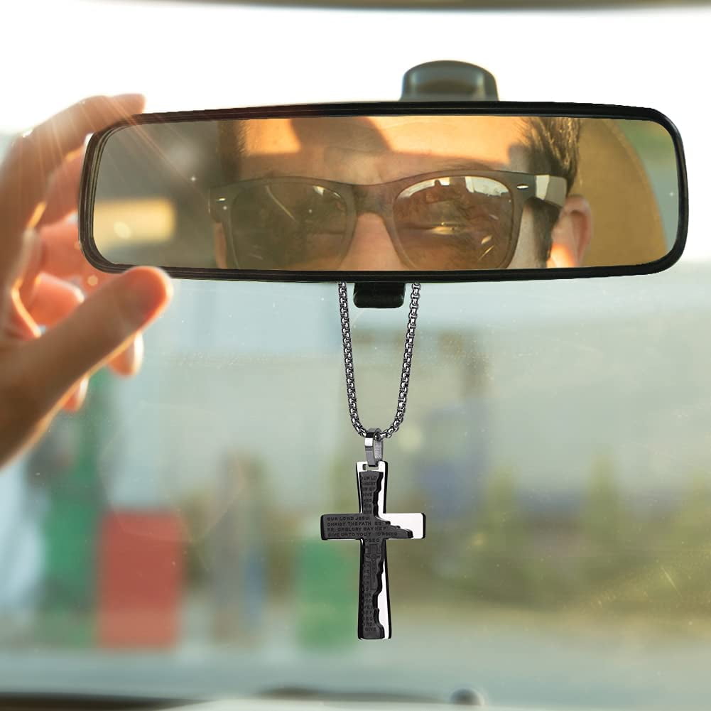 LeapoFaith Pendant for Car Rear View Mirrors, Decorative Jesus Cross Charm  for Cars Automobiles, Car Hanging Accessories Ornament,Stainless Steel  Lord's Prayer Cross Necklace (Silver) 