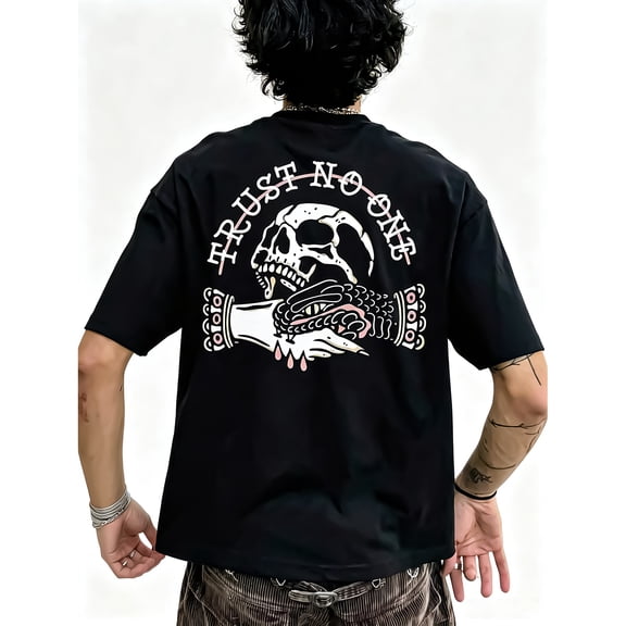 Men's Skull Trust No One Graphic T-Shirt Cotton Black Short Sleeve Crewneck Oversized