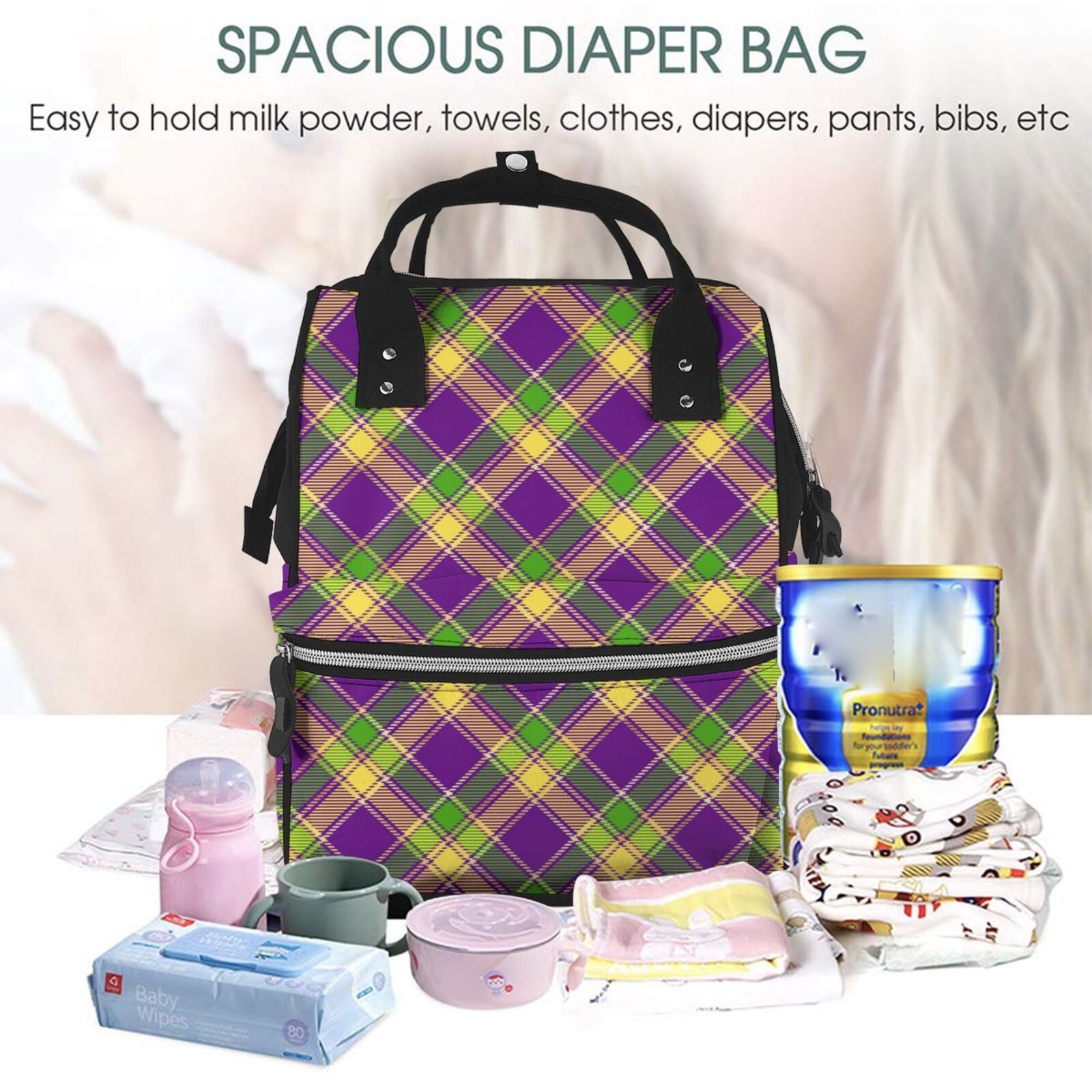 Fuzoiu Mardi Gras Plaid Print Diaper Bag Backpack,Baby Essentials Travel Tote,Multi function Waterproof Diaper Bag, Travel Essentials Baby Bag - Unisex