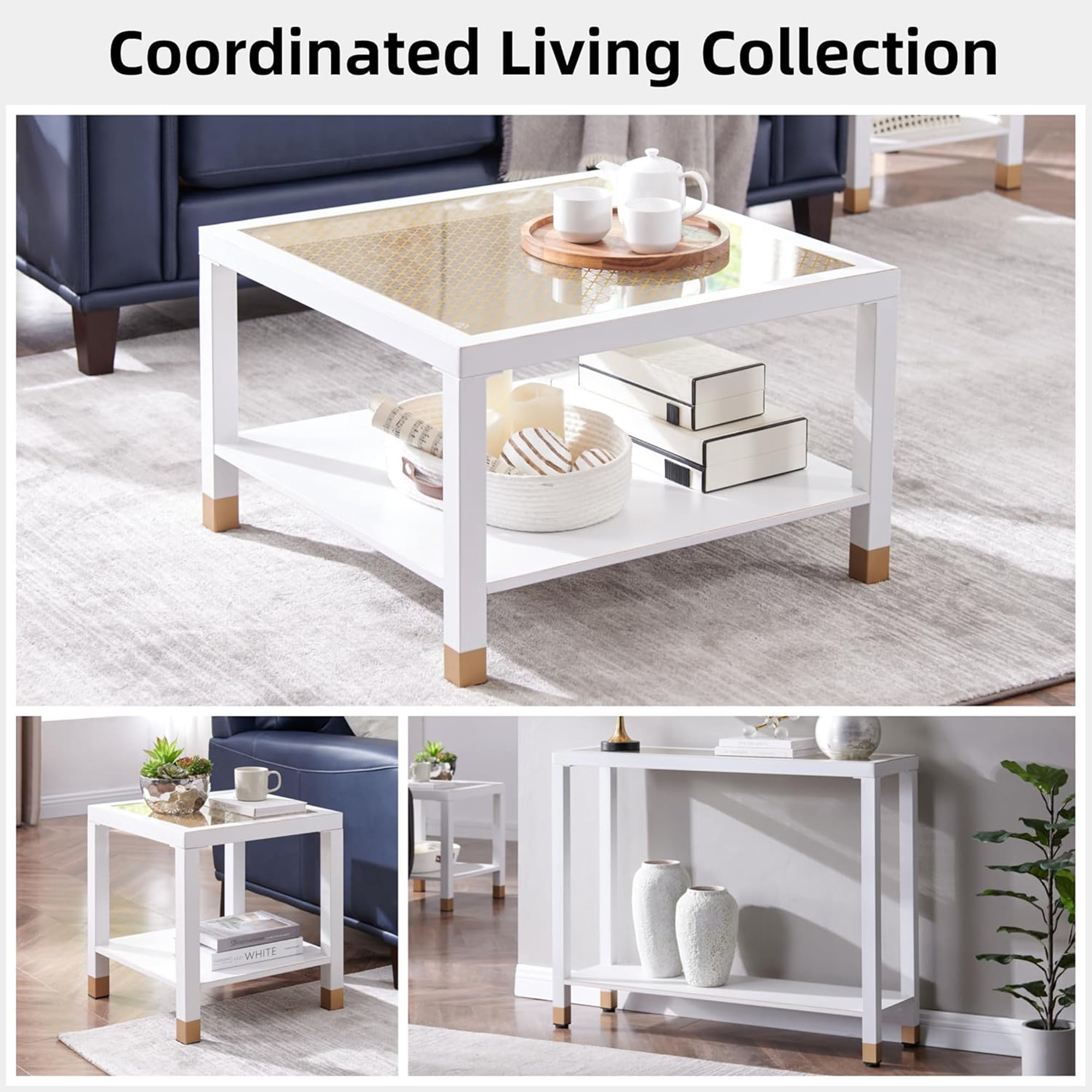 Leumius Modern Square Coffee Table, 27.6" Crisp Metal Frame, Luxe Gold Glass Top for Living Room Office White