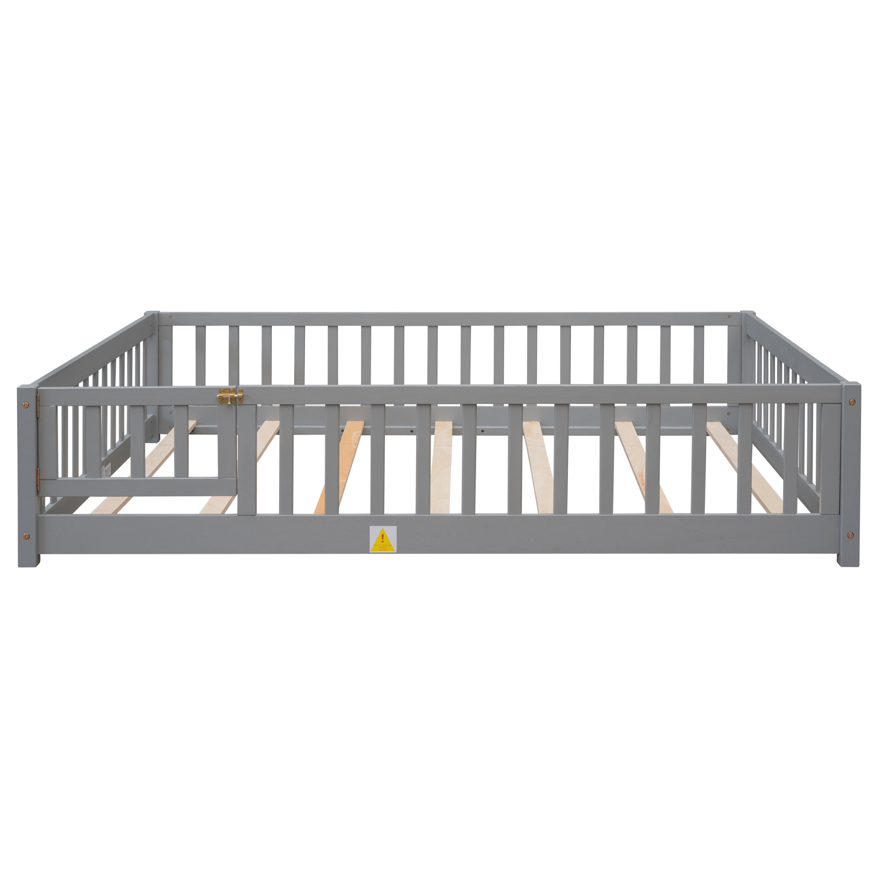 PAPROOS Full Montessor Floor Bed, Solid Wood Toddler Bed with Safety Guardrail and Door, Easy Assembly, Low-to-Floor Bed Frame with Slats for Kids, Gray