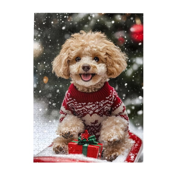 500-Piece Wooden Jigsaw Puzzle for Adults - Puppy Snow Holiday Christmas , Interlocking Pieces with Guide Letters, Holiday Gift & Home Decor