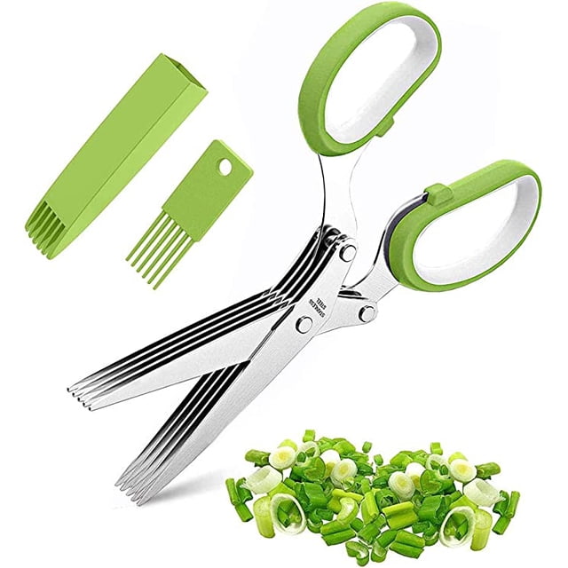 Juego de tijeras: tijeras de cocina multifuncionales con 5 hojas de acero inoxidable, 1 peine de limpieza y 1 cortador inteligente SAFE (verde) ER