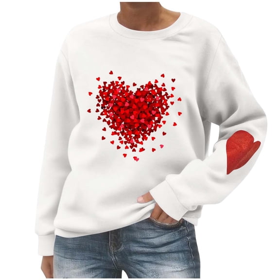 Crew Neck Sweatshirts For Women Heart Graphic Print Long Sleeve Pullover Loose Casual Stylish Spring Fall Trendy Outfits (XL, White-C)