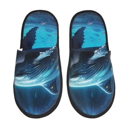 Balery Colorful Ocean Whale Slient Indoor Furry Fleece Comfort House Shoes Soft Non-Slip Home Shoes Cotton slippers House Slippers-- Large