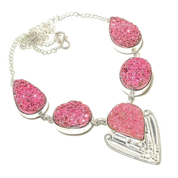 Pink Titanium Druzy Gemstone 925 Sterling Silver Jewelry Necklace 18"