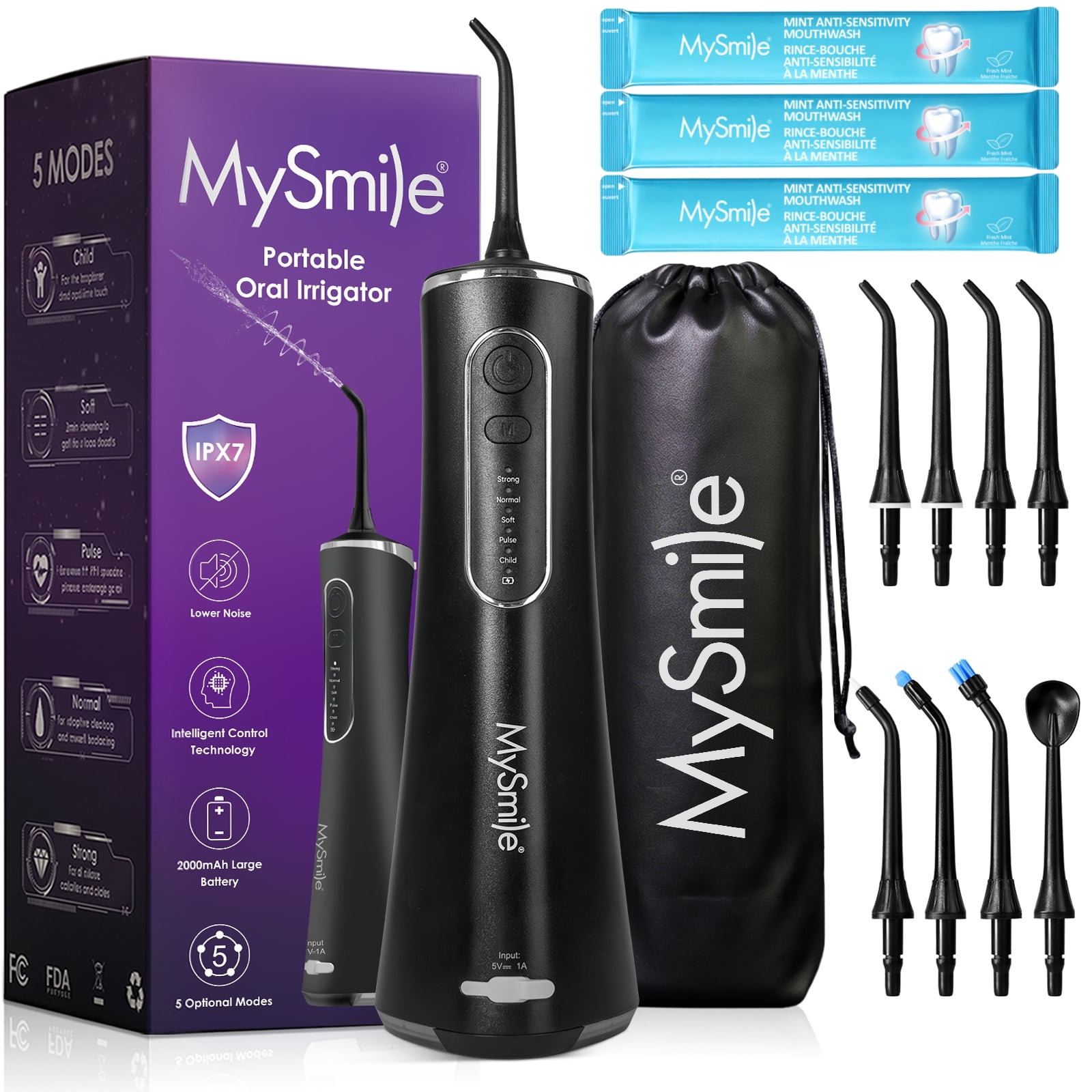 MySmile LP211 Portable Water Flosser Cordless for Teeth Braces, Electric Water Dental Flossers with 3pc Mouthwash, Oral Irrigator, IPX7, 5 Modes, 8 Jet Tips, 260ml Tank, 1 Travel Bag, Black
